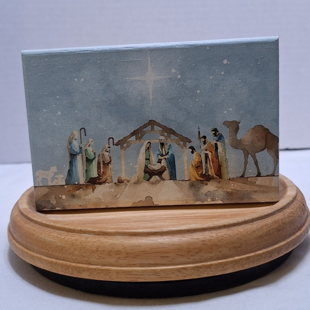 Sincere Surroundings Watercolor Nativity Scene On Wood Block 5x3.5